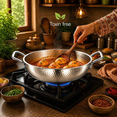 LUMORA Hammered Triply Stainless Steel Kadhai with Lid, Heavy Bottom Steel Kadai, Less Oil Cooking, Even Heating, Induction & Gas Compatible, Premium Textured Finish