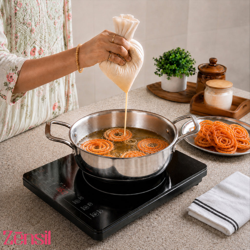 Lumora Triply Stainless Steel Jalebi Kadhai  with Lid, Flat Base Kadhai, Heavy Bottom, Less Oil Cooking, Ideal for Jalebi, Malpua, Ghewar & Biryani, Induction & Gas Compatible