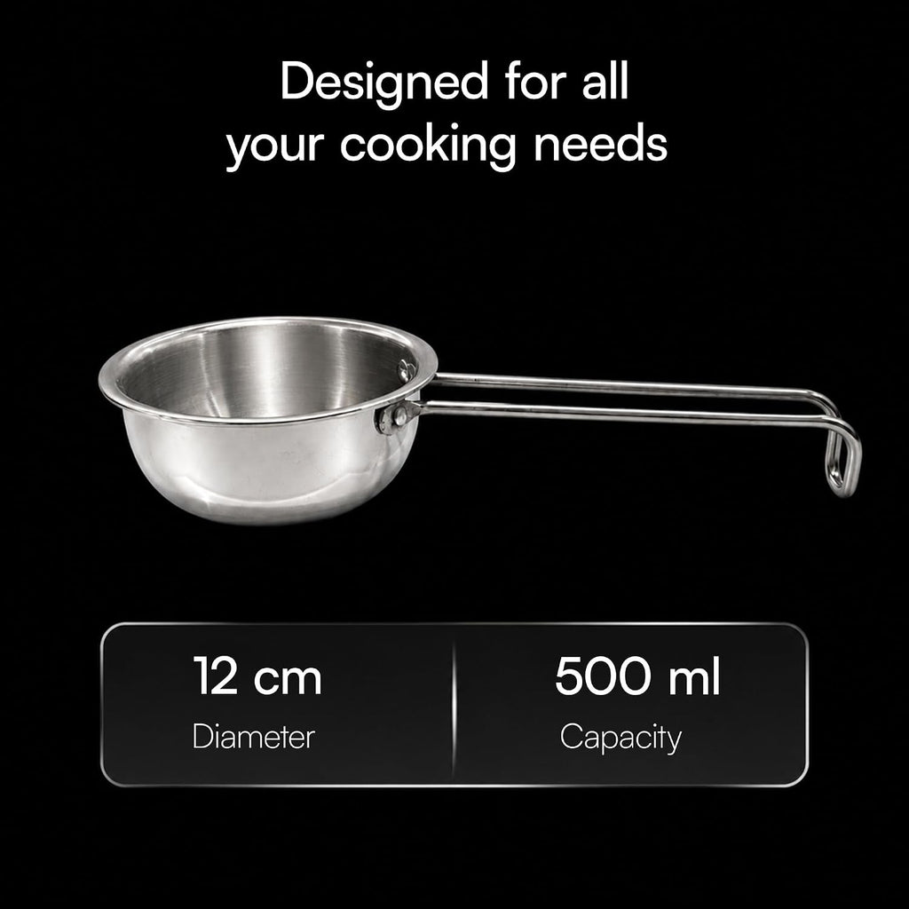Lumora Triply Stainless Steel Tadka Pan 10 cm (350 ml) with Extended Support & Riveted Stay-Cool Handle, Enhanced Stability, Tempering Pan for Dal, Curry, Ghee & Spices Induction & Gas Ready