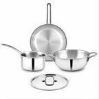 LUMORA Triply Stainless Steel Cookware Set, 4 Pcs – 24 cm Kadai with Lid (2.4 L), 22 cm Fry Pan (1.5 L) & 16 cm Sauce Pan (2 L), Heavy Bottom, Less Oil Cooking, Induction & Gas Compatible