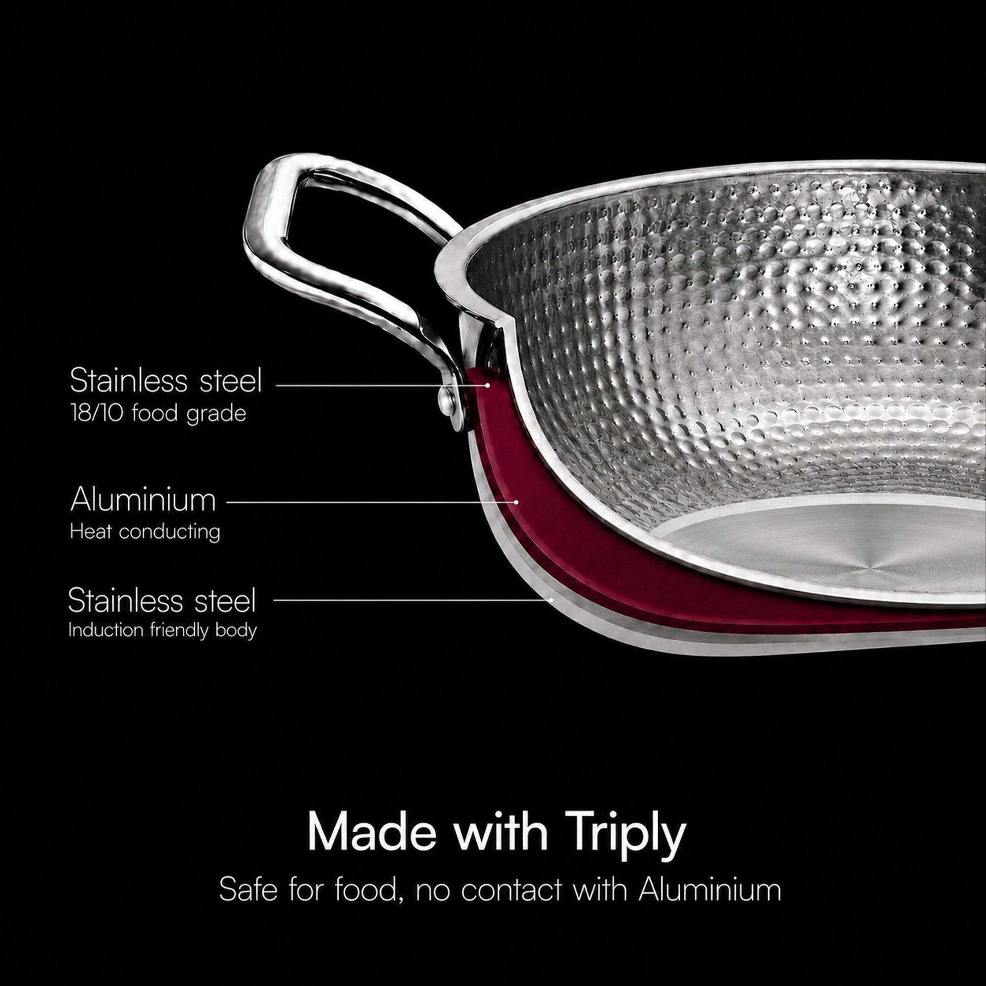 LUMORA Hammered Triply Stainless Steel Kadhai with Lid