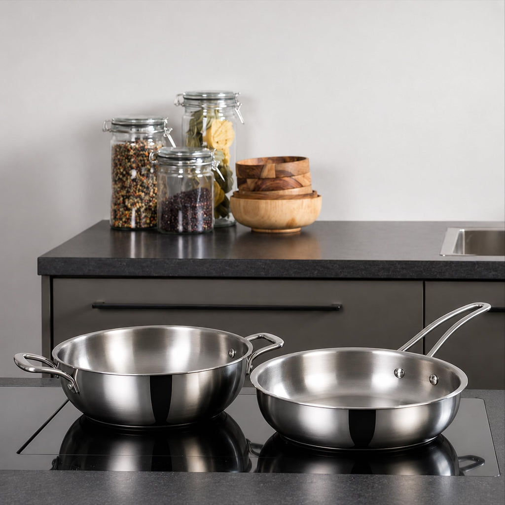 LUMORA Triply Stainless Steel Cookware Set, 4 Pcs – 24 cm Kadai with Lid (2.4 L), 22 cm Fry Pan (1.5 L) & 16 cm Sauce Pan (2 L), Heavy Bottom, Less Oil Cooking, Induction & Gas Compatible