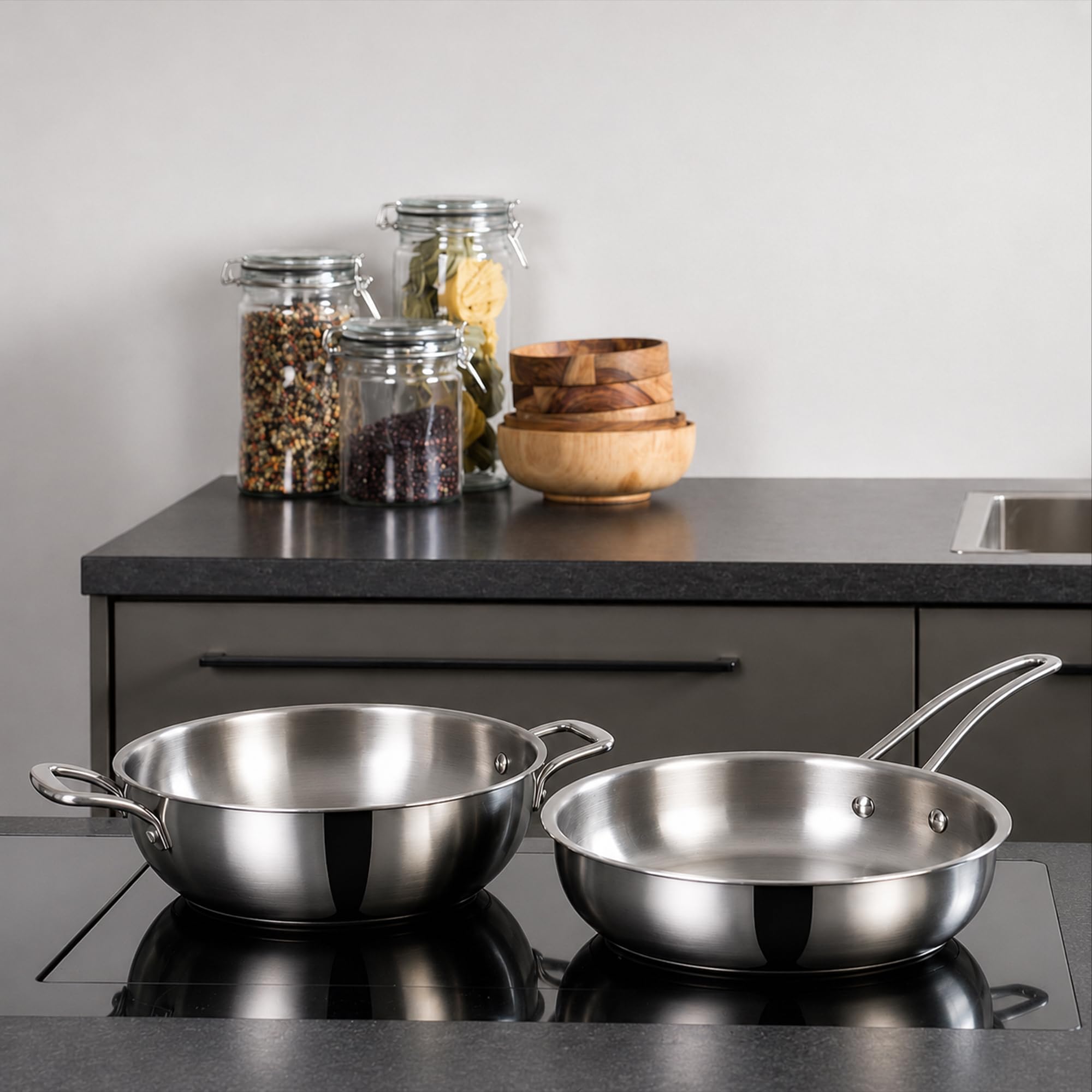 LUMORA Triply Stainless Steel Cookware Set, 4 Pcs – 24 cm Kadai with Lid (2.4 L), 22 cm Fry Pan (1.5 L) & 16 cm Sauce Pan (2 L), Heavy Bottom, Less Oil Cooking, Induction & Gas Compatible