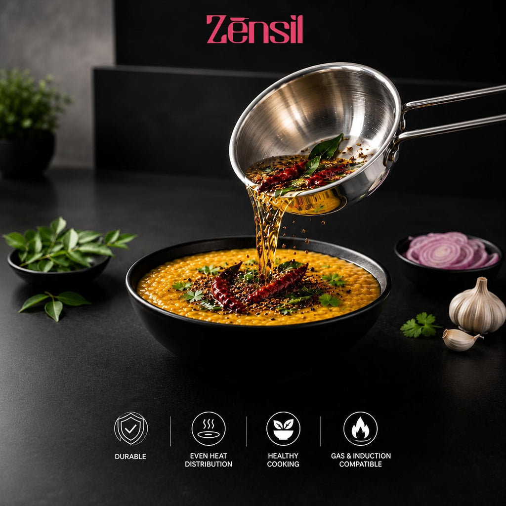Lumora Triply Stainless Steel Tadka Pan 10 cm (350 ml) with Extended Support & Riveted Stay-Cool Handle, Enhanced Stability, Tempering Pan for Dal, Curry, Ghee & Spices Induction & Gas Ready