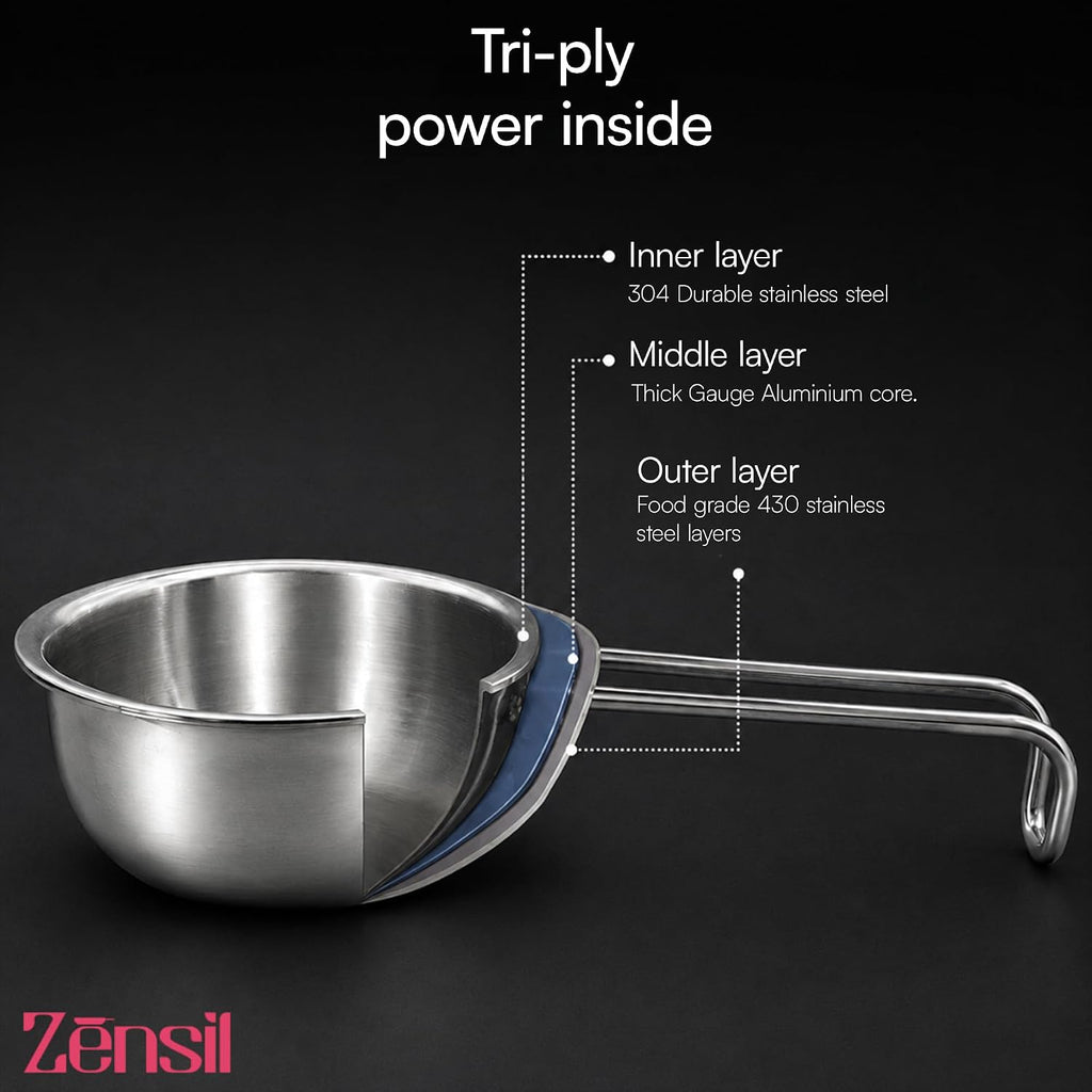 Lumora Triply Stainless Steel Tadka Pan 10 cm (350 ml) with Extended Support & Riveted Stay-Cool Handle, Enhanced Stability, Tempering Pan for Dal, Curry, Ghee & Spices Induction & Gas Ready