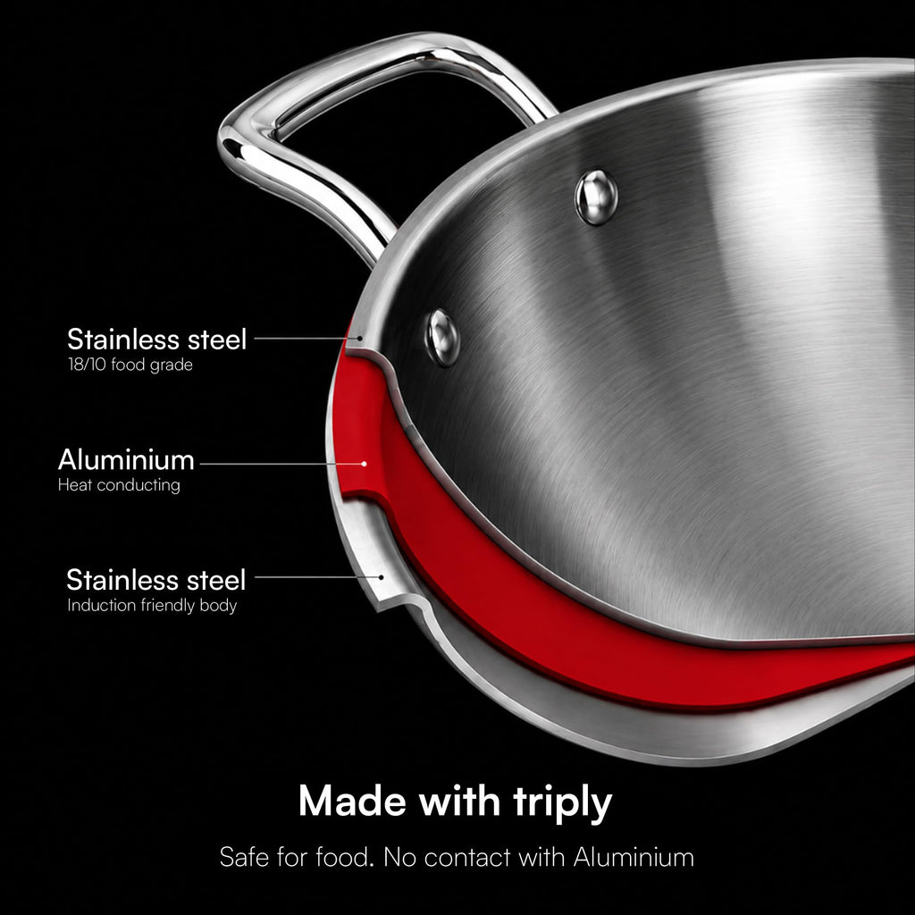LUMORA Triply Stainless Steel Cookware Set, 4 Pcs – 24 cm Kadai with Lid (2.4 L), 22 cm Fry Pan (1.5 L) & 16 cm Sauce Pan (2 L), Heavy Bottom, Less Oil Cooking, Induction & Gas Compatible