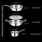 LUMORA Triply Stainless Steel Cookware Set, 4 Pcs – 24 cm Kadai with Lid (2.4 L), 22 cm Fry Pan (1.5 L) & 16 cm Sauce Pan (2 L), Heavy Bottom, Less Oil Cooking, Induction & Gas Compatible