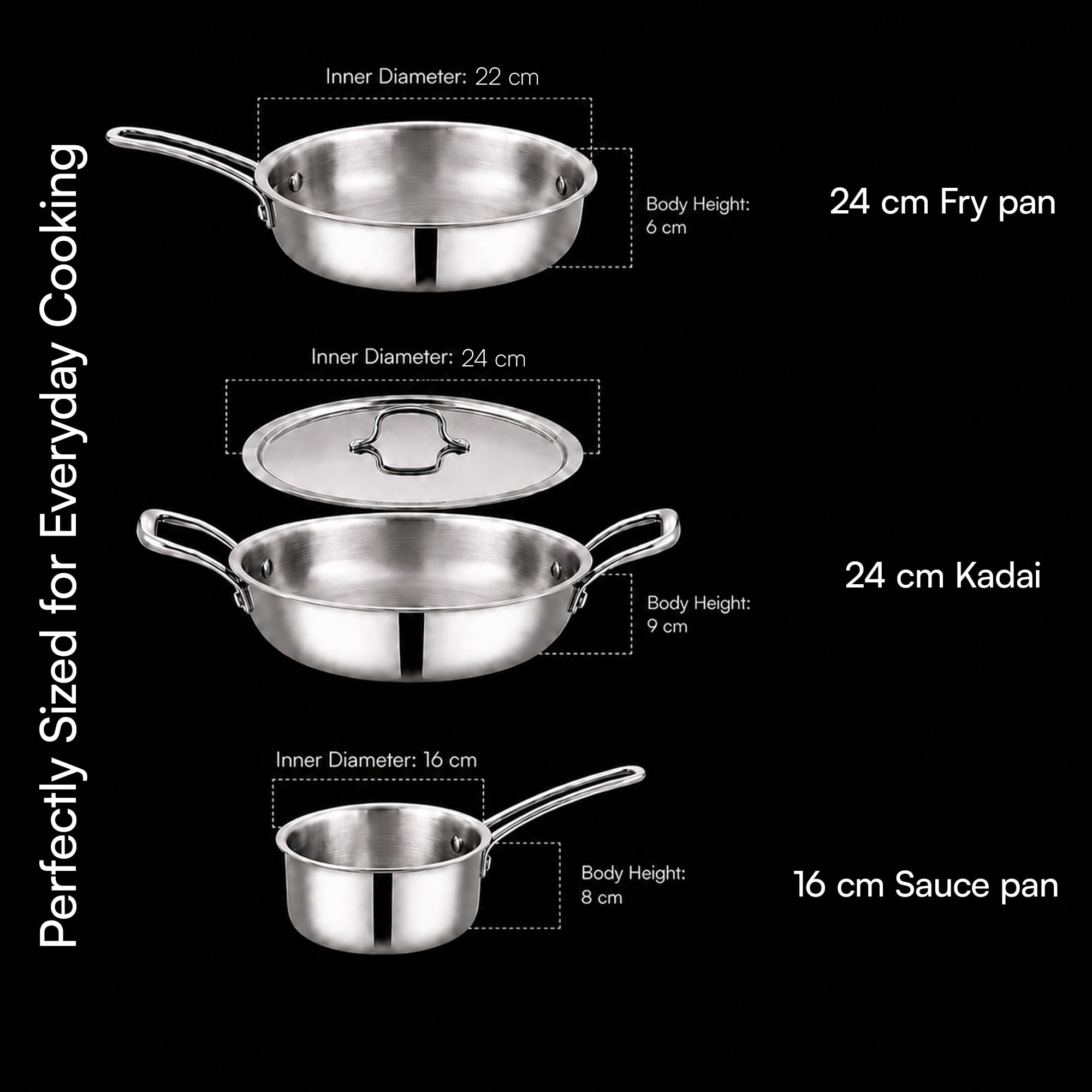 LUMORA Triply Stainless Steel Cookware Set, 4 Pcs – 24 cm Kadai with Lid (2.4 L), 22 cm Fry Pan (1.5 L) & 16 cm Sauce Pan (2 L), Heavy Bottom, Less Oil Cooking, Induction & Gas Compatible