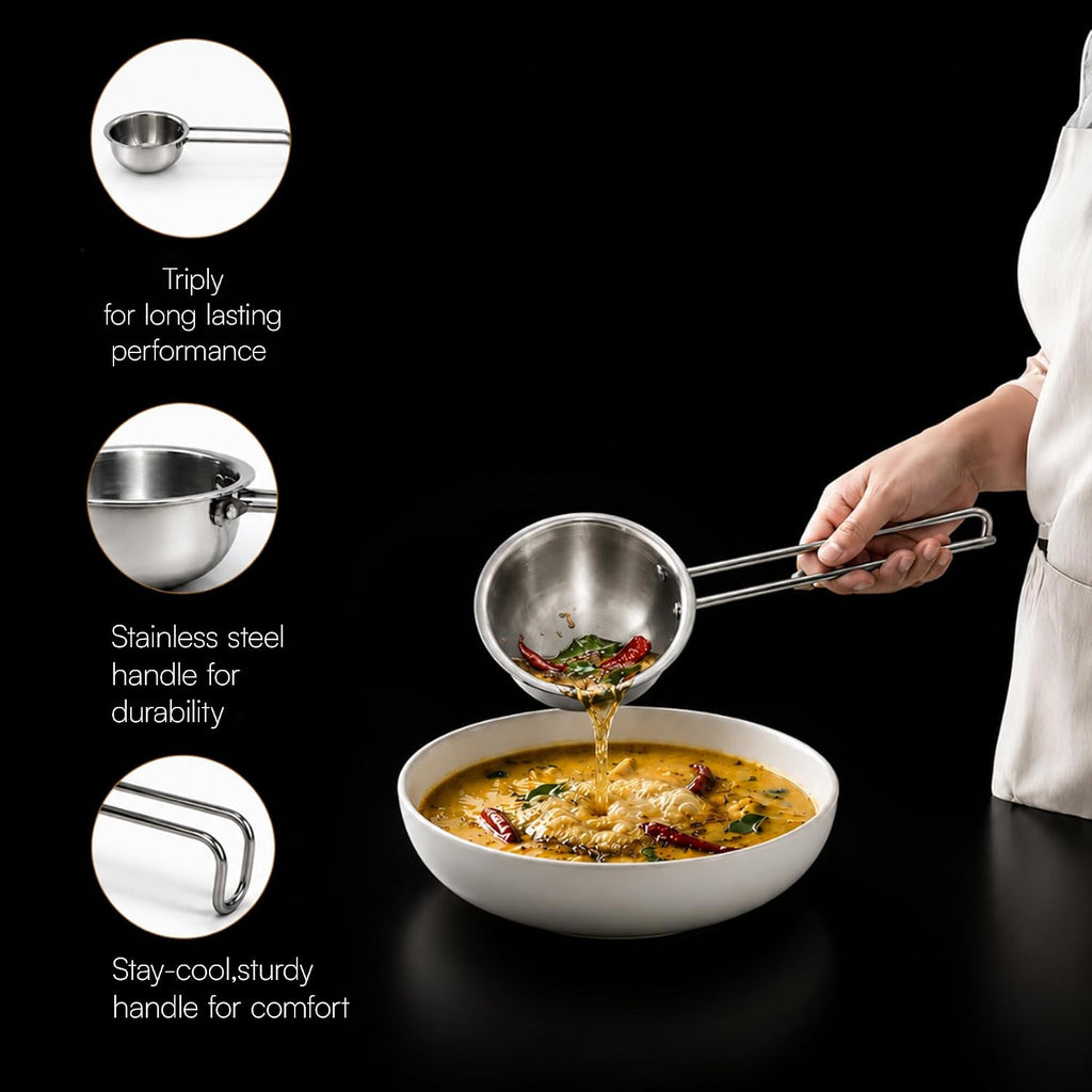 Lumora Triply Stainless Steel Tadka Pan 10 cm (350 ml) with Extended Support & Riveted Stay-Cool Handle, Enhanced Stability, Tempering Pan for Dal, Curry, Ghee & Spices Induction & Gas Ready