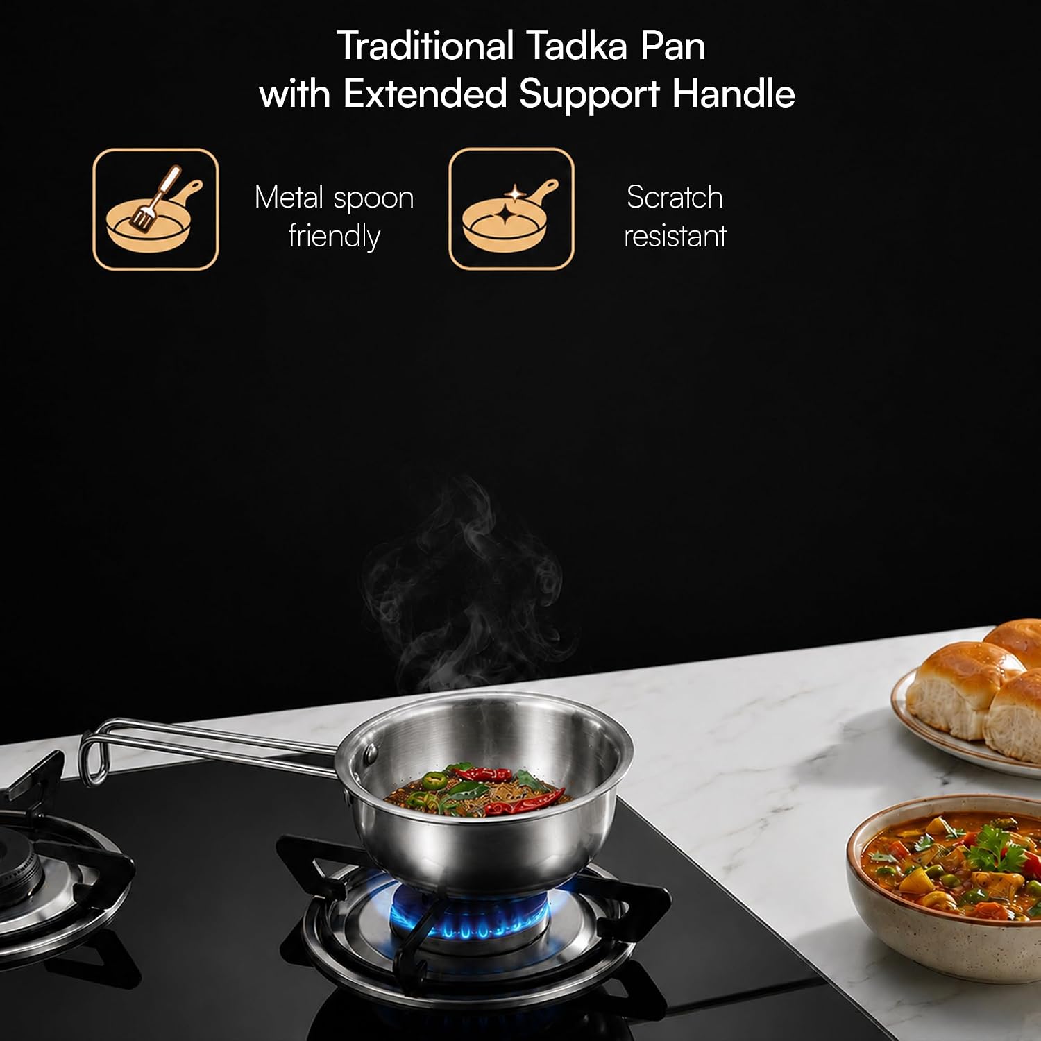 Lumora Triply Stainless Steel Tadka Pan 10 cm (350 ml) with Extended Support & Riveted Stay-Cool Handle, Enhanced Stability, Tempering Pan for Dal, Curry, Ghee & Spices Induction & Gas Ready