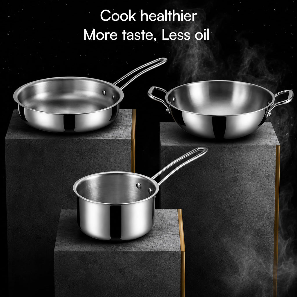 LUMORA Triply Stainless Steel Cookware Set, 4 Pcs – 24 cm Kadai with Lid (2.4 L), 22 cm Fry Pan (1.5 L) & 16 cm Sauce Pan (2 L), Heavy Bottom, Less Oil Cooking, Induction & Gas Compatible