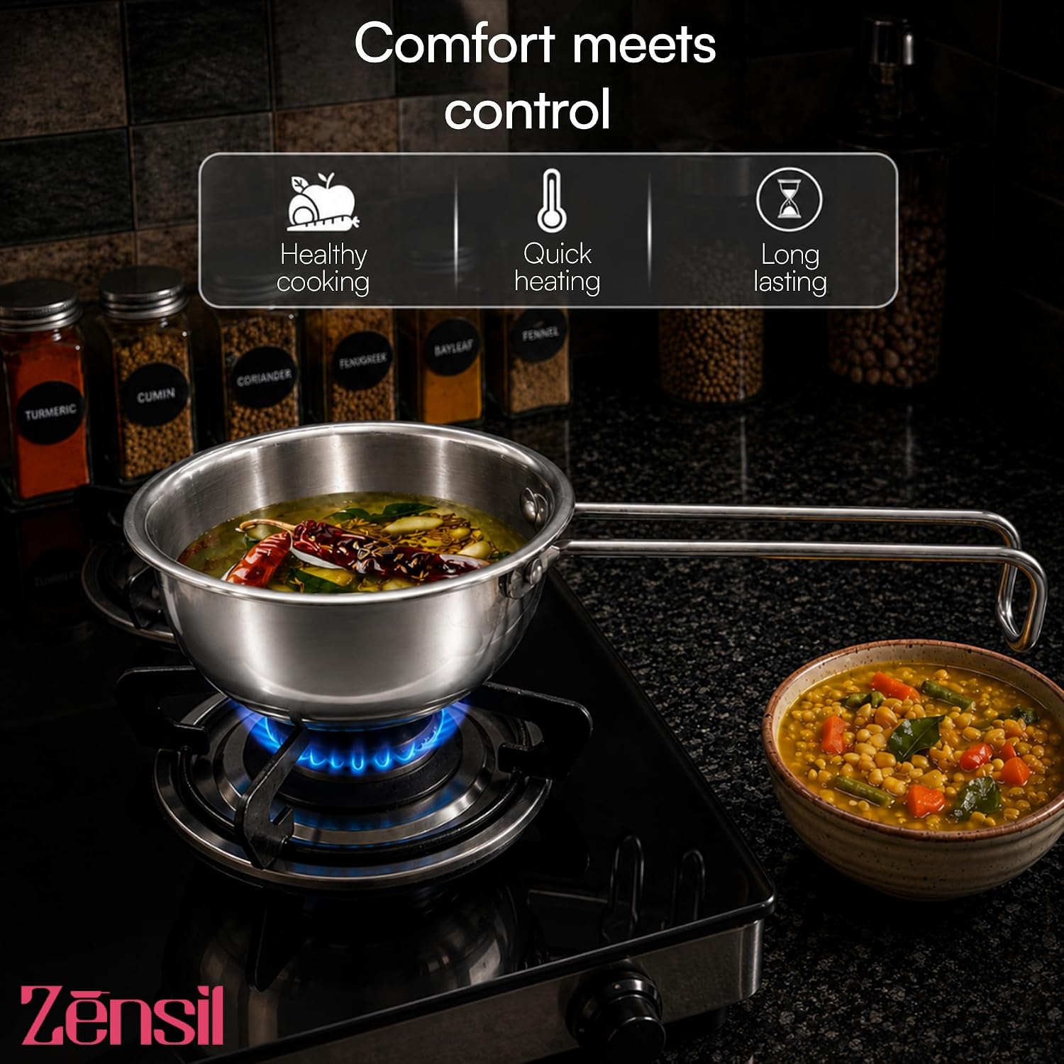 Lumora Triply Stainless Steel Tadka Pan 10 cm (350 ml) with Extended Support & Riveted Stay-Cool Handle, Enhanced Stability, Tempering Pan for Dal, Curry, Ghee & Spices Induction & Gas Ready