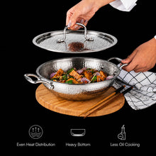 LUMORA Hammered Triply Stainless Steel Kadhai with Lid, Heavy Bottom Steel Kadai, Less Oil Cooking, Even Heating, Induction & Gas Compatible, Premium Textured Finish