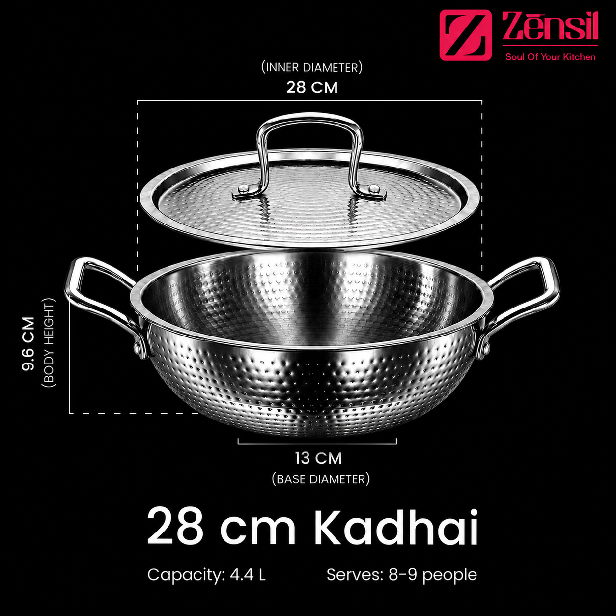 LUMORA Hammered Triply Stainless Steel Kadhai with Lid