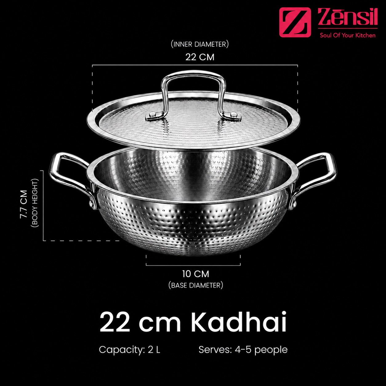 LUMORA Hammered Triply Stainless Steel Kadhai with Lid