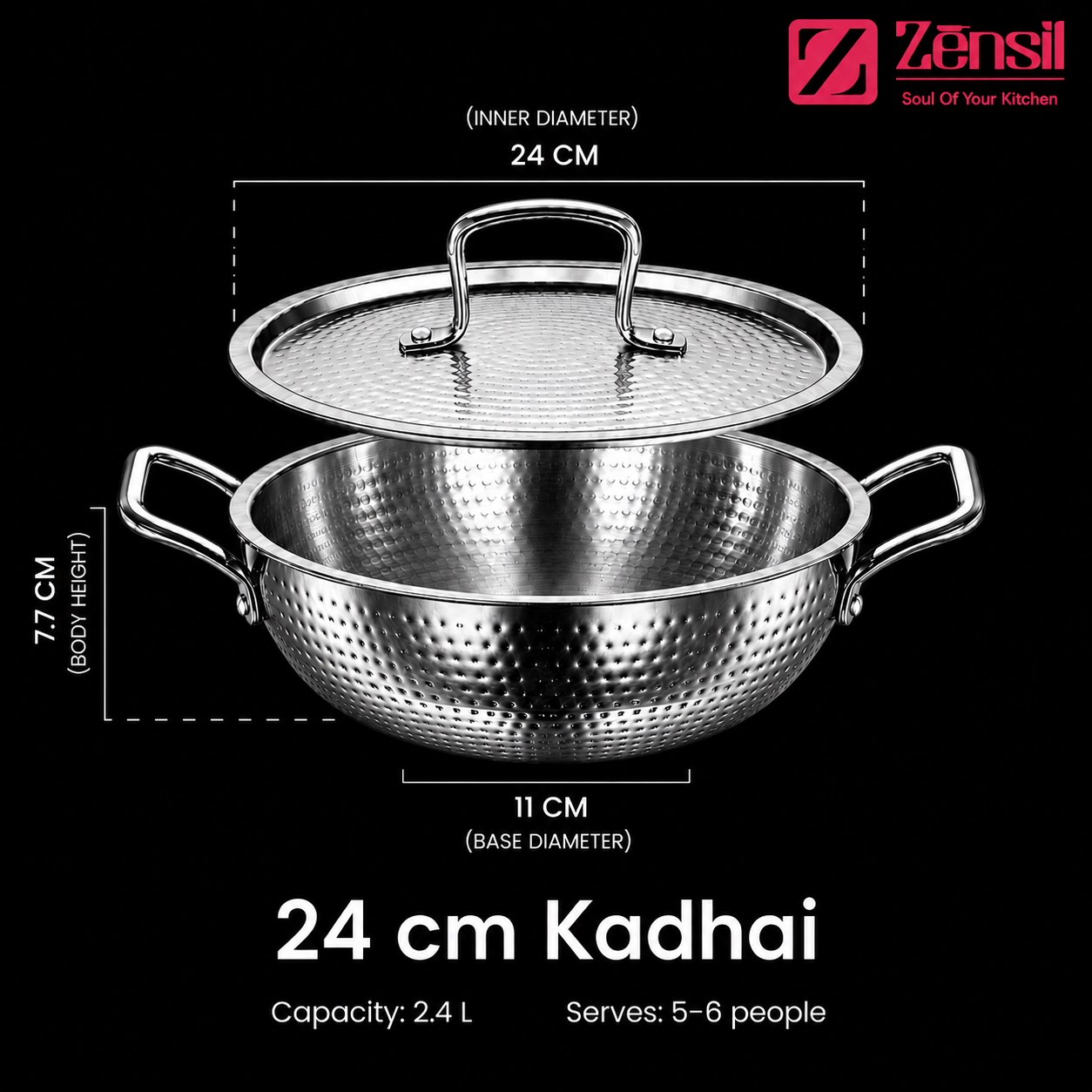 LUMORA Hammered Triply Stainless Steel Kadhai with Lid
