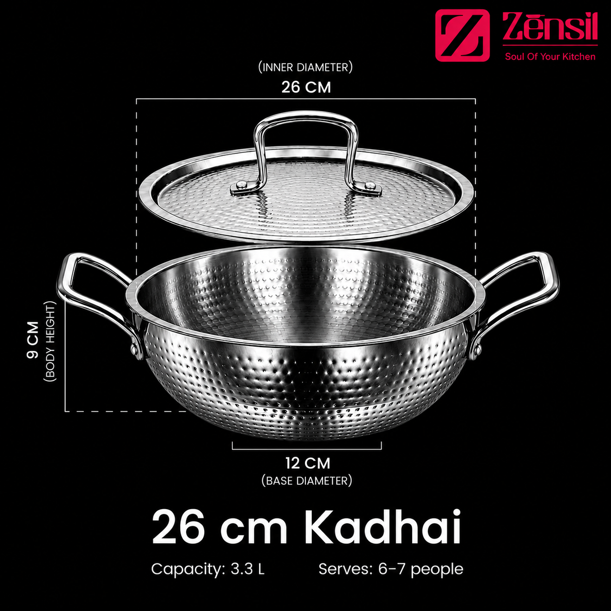 LUMORA Hammered Triply Stainless Steel Kadhai with Lid