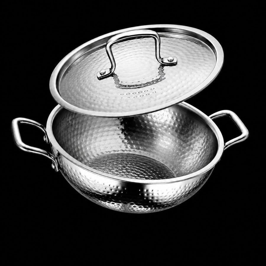 LUMORA Hammered Triply Stainless Steel Kadhai with Lid