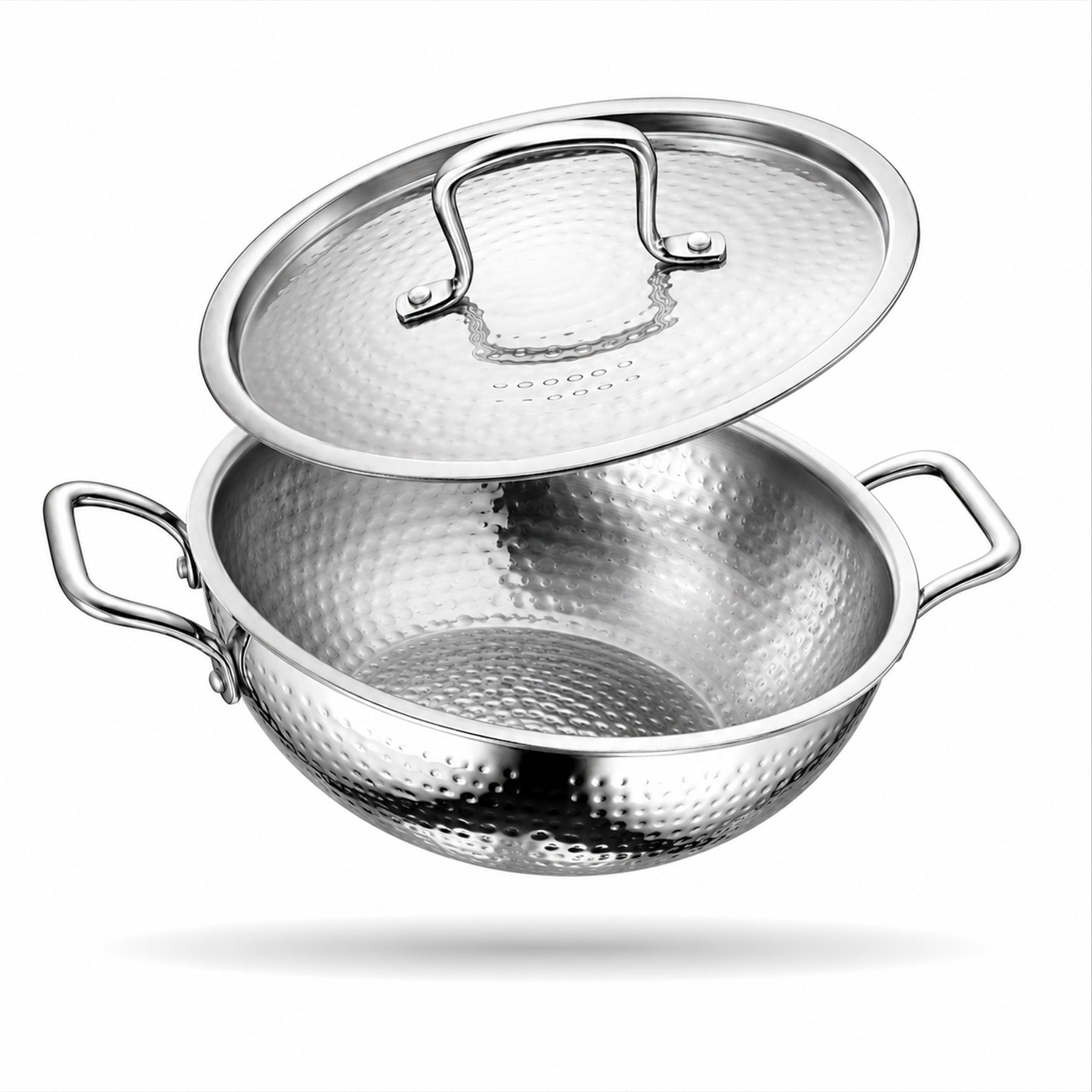 LUMORA Hammered Triply Stainless Steel Kadhai with Lid, Heavy Bottom Steel Kadai, Less Oil Cooking, Even Heating, Induction & Gas Compatible, Premium Textured Finish