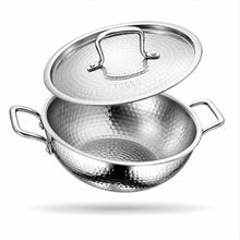LUMORA Hammered Triply Stainless Steel Kadhai with Lid, Heavy Bottom Steel Kadai, Less Oil Cooking, Even Heating, Induction & Gas Compatible, Premium Textured Finish