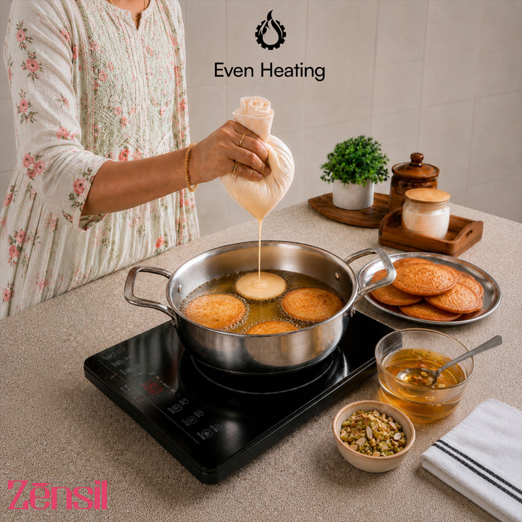 Lumora Triply Stainless Steel Jalebi Kadhai  with Lid, Flat Base Kadhai, Heavy Bottom, Less Oil Cooking, Ideal for Jalebi, Malpua, Ghewar & Biryani, Induction & Gas Compatible