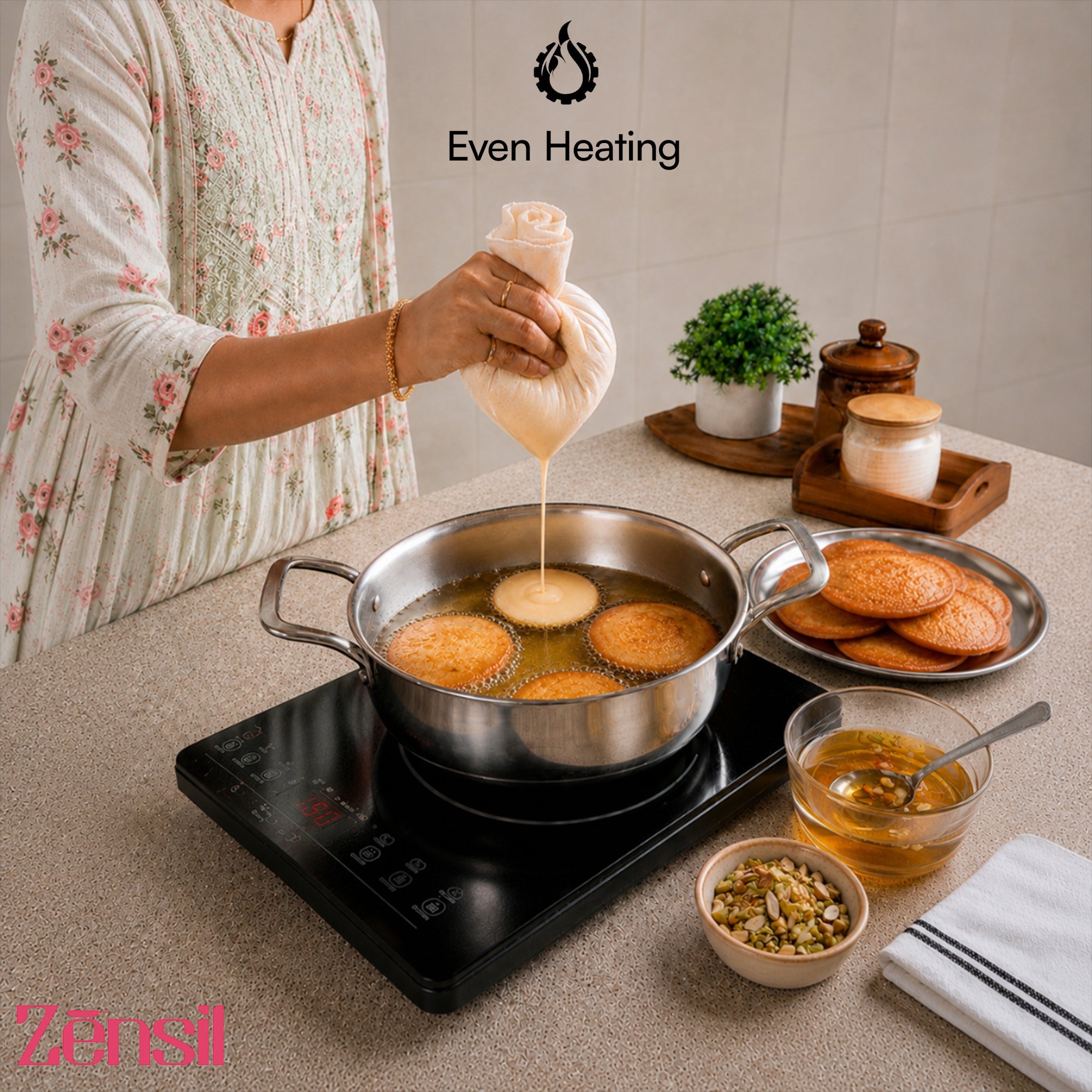 Lumora Triply Stainless Steel Jalebi Kadhai  with Lid, Flat Base Kadhai, Heavy Bottom, Less Oil Cooking, Ideal for Jalebi, Malpua, Ghewar & Biryani, Induction & Gas Compatible
