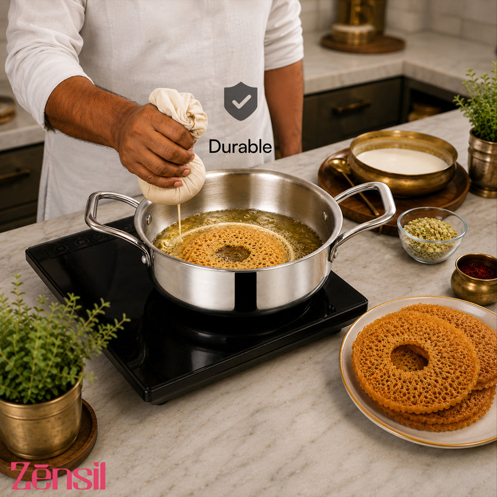 Lumora Triply Stainless Steel Jalebi Kadhai  with Lid, Flat Base Kadhai, Heavy Bottom, Less Oil Cooking, Ideal for Jalebi, Malpua, Ghewar & Biryani, Induction & Gas Compatible